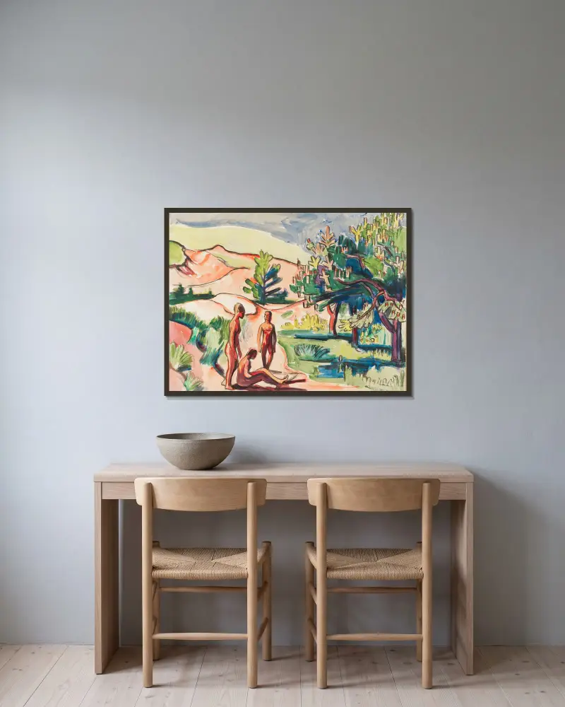 Aktfiguren in den Dünen von Hermann Max Pechstein gerahmt an einer Wand
