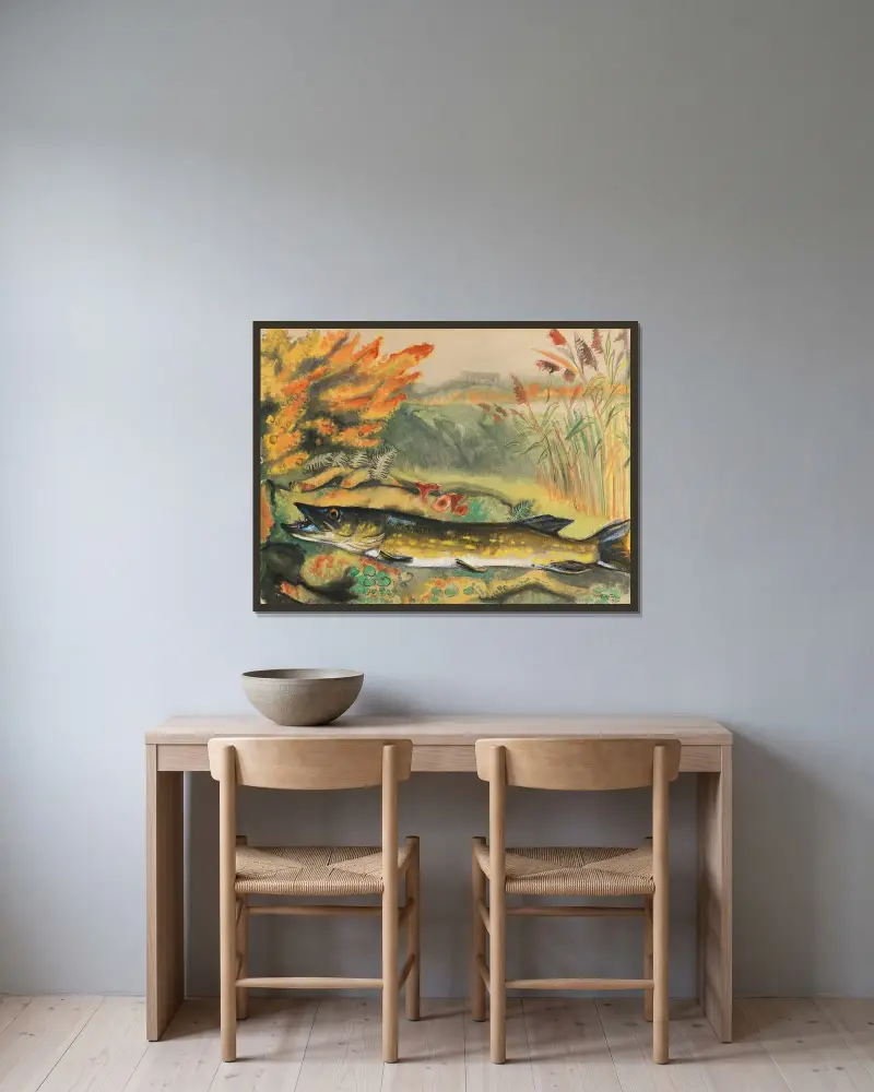 Gädda i landskap vid sjö av Hermann Max Pechstein inramad på en vägg
