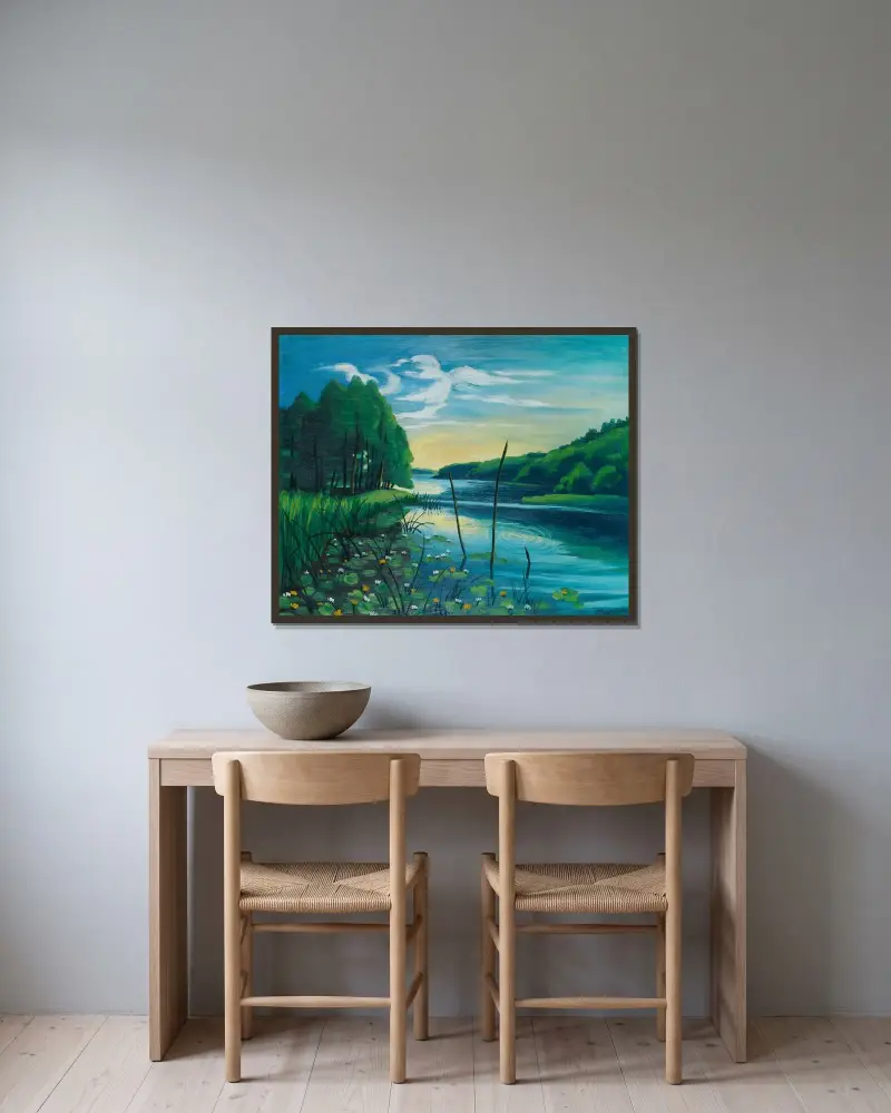 Stilla plats vid sjön (Pommern, Koser-See) av Hermann Max Pechstein inramad på en vägg