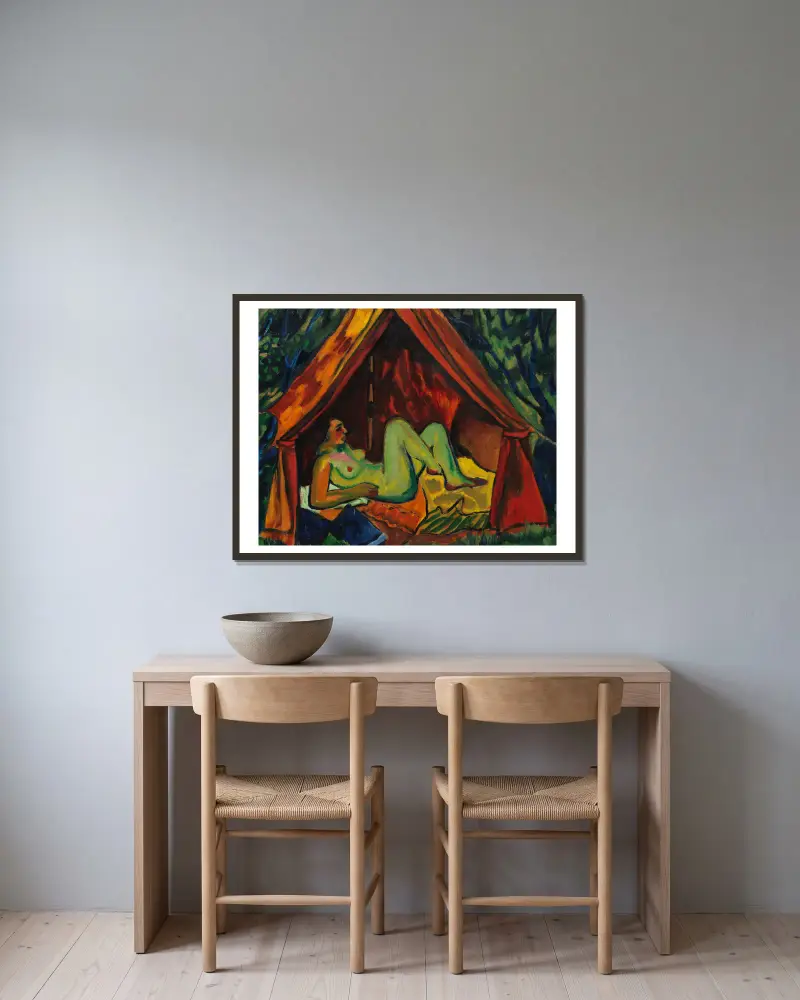 Red Tent with Female Nude – Danae av Hermann Max Pechstein inramad på en vägg