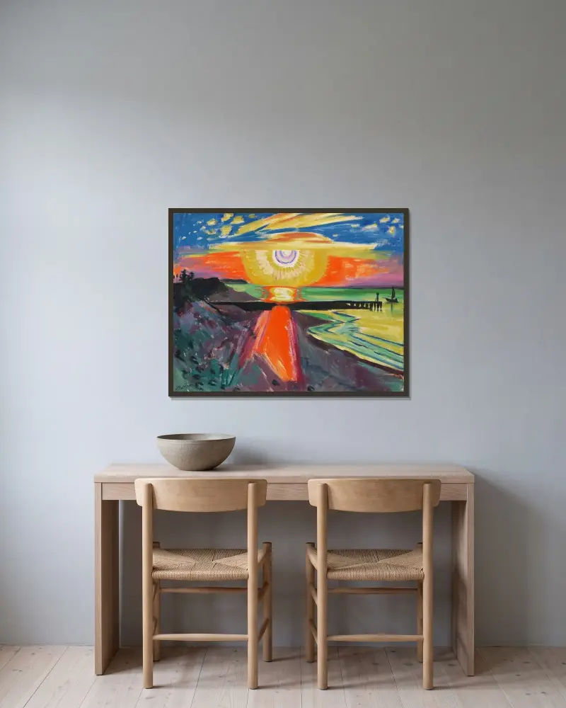 Solnedgång vid havet av Hermann Max Pechstein inramad på en vägg