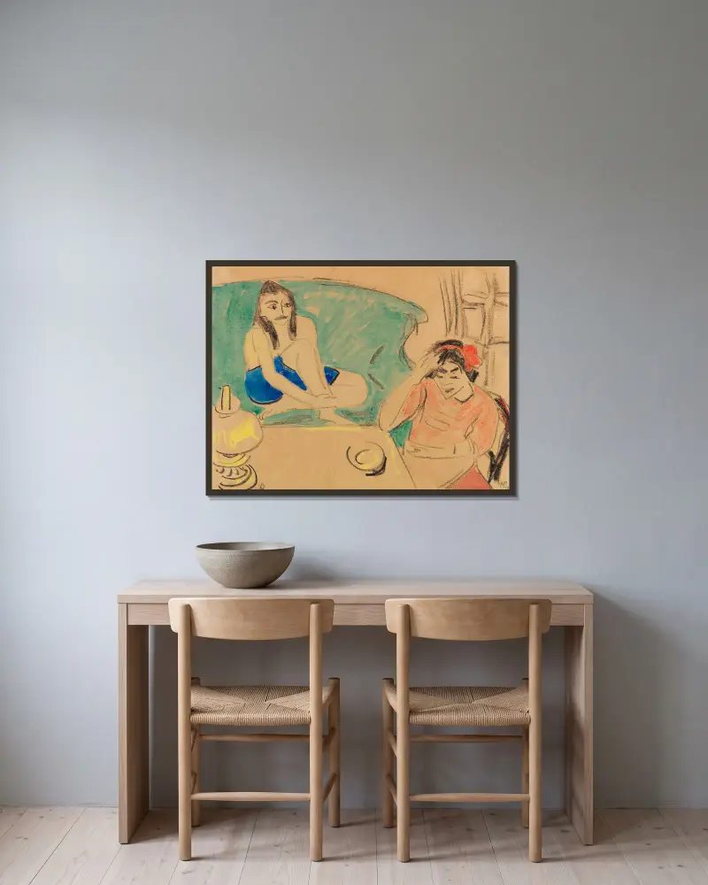 Dvě dívky u stolu, Hermann Max Pechstein v rámu na stěně