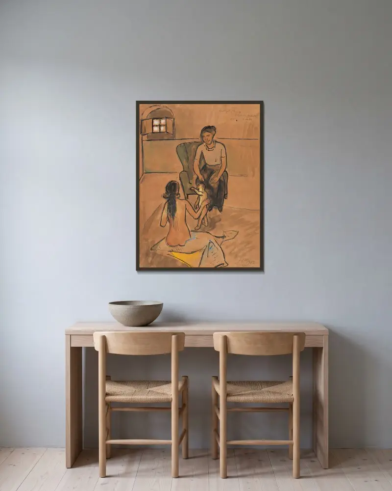 Två kvinnor och ett litet barn (Florens) av Hermann Max Pechstein inramad på en vägg