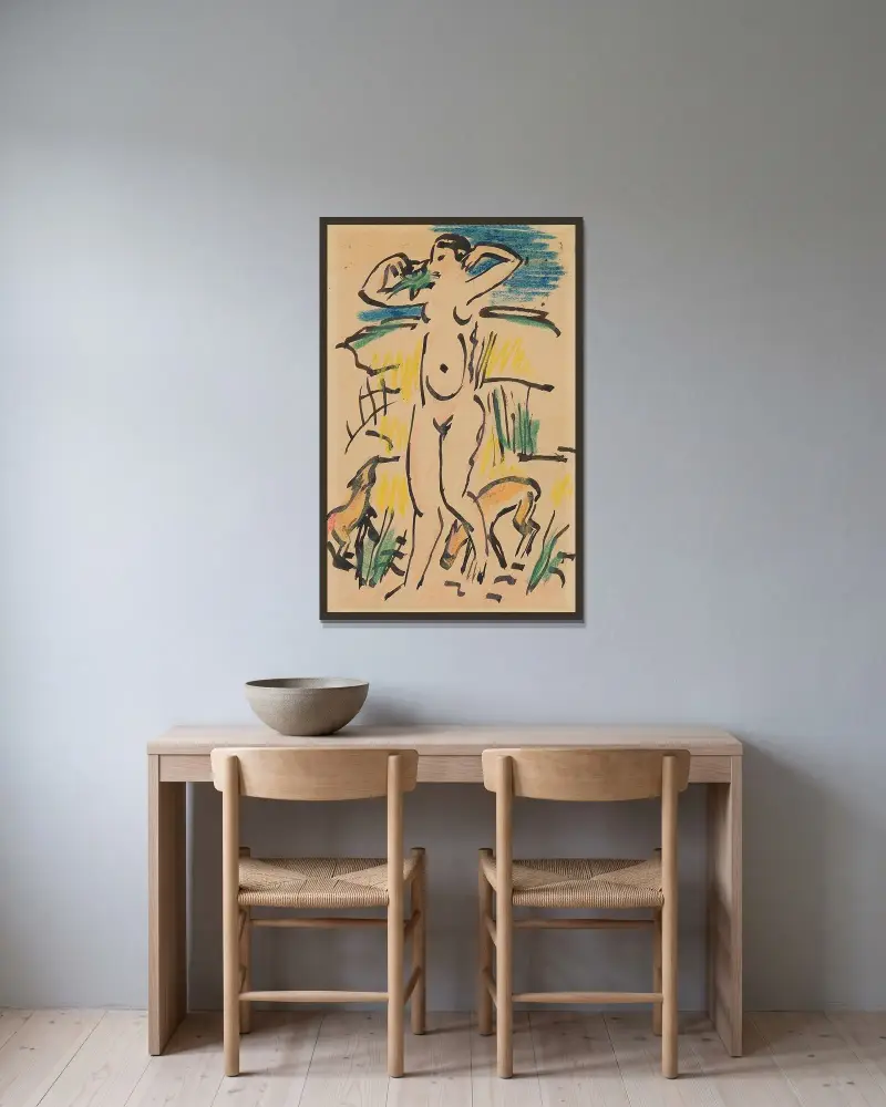 Kvinnlig nakenakt med (katt och) djur av Hermann Max Pechstein inramad på en vägg