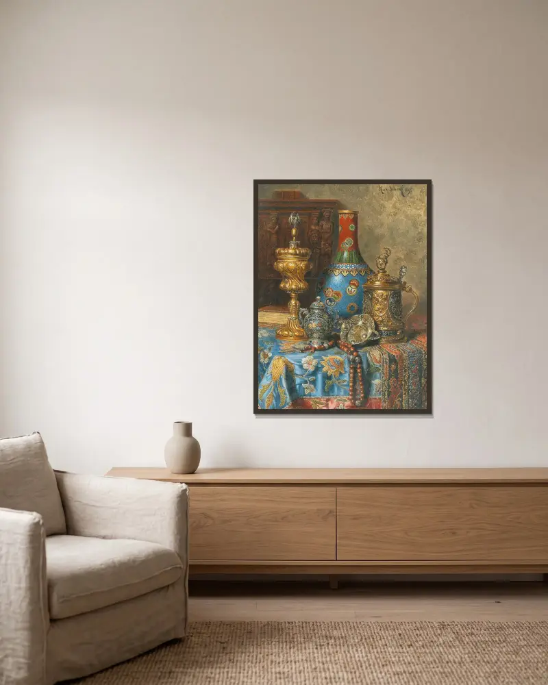 Still Life with Antiques and a Chinese Cloisonné Vase av Max Schödl inramad på en vägg