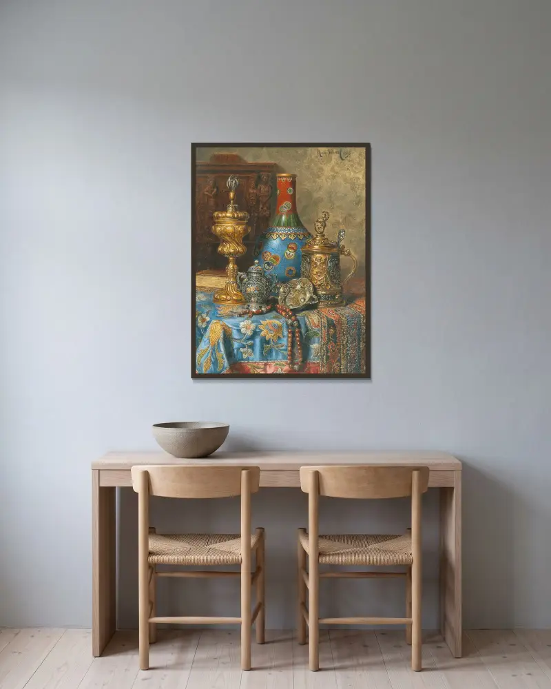 Still Life with Antiques and a Chinese Cloisonné Vase av Max Schödl inramad på en vägg