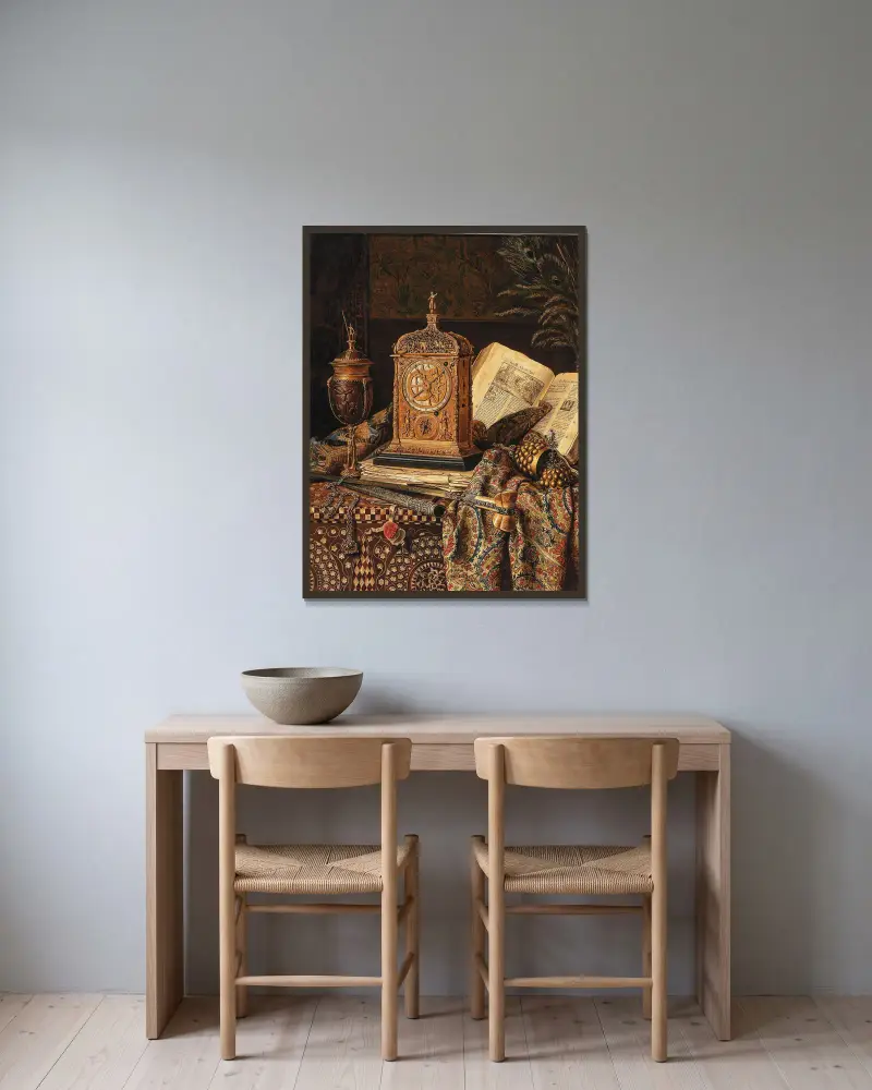 Still Life with Antiques av Max Schödl inramad på en vägg