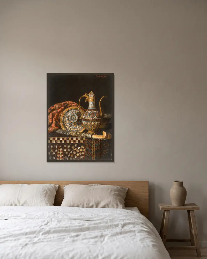 Still life with Coffee Pot and Yataghan av Max Schödl inramad på en vägg