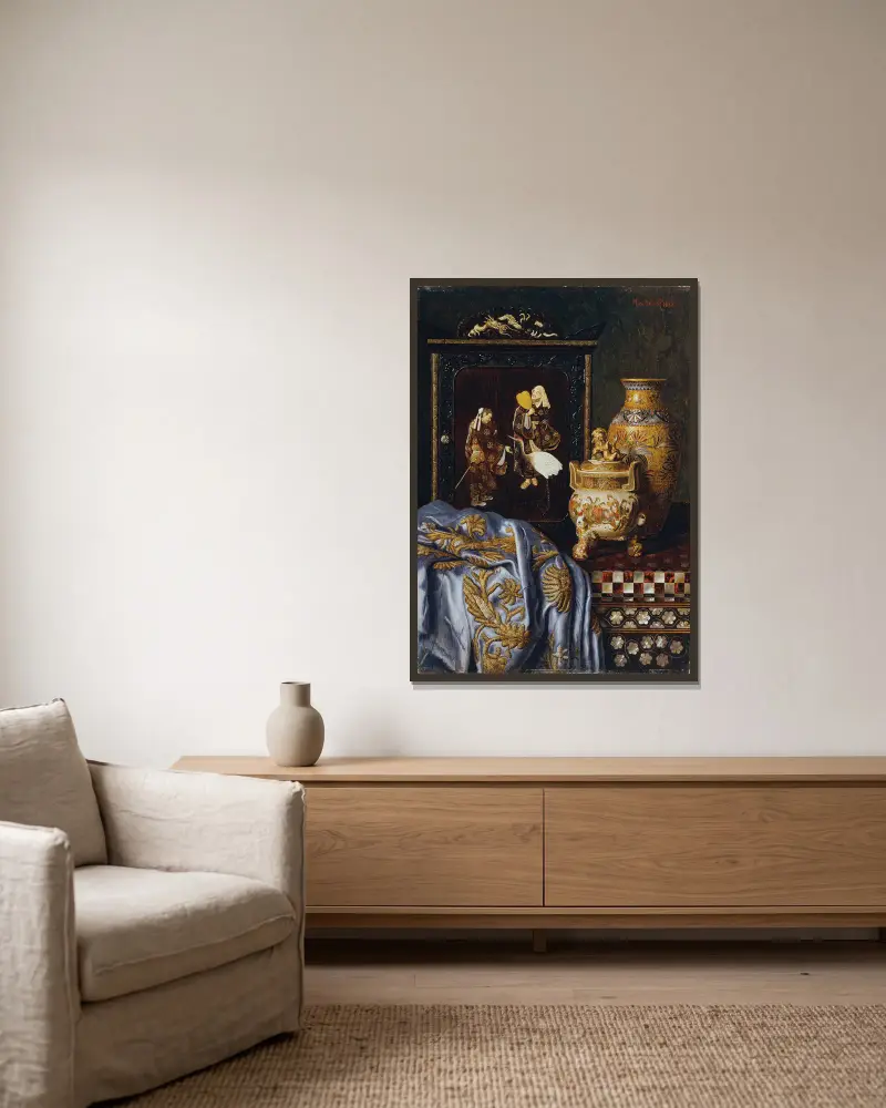 Stillleben mit japanischen Kunstgegenständen von Max Schödl gerahmt an einer Wand
