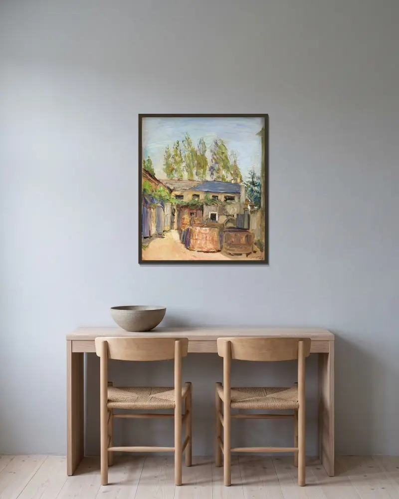 Gård med vinkar av Max Slevogt inramad på en vägg