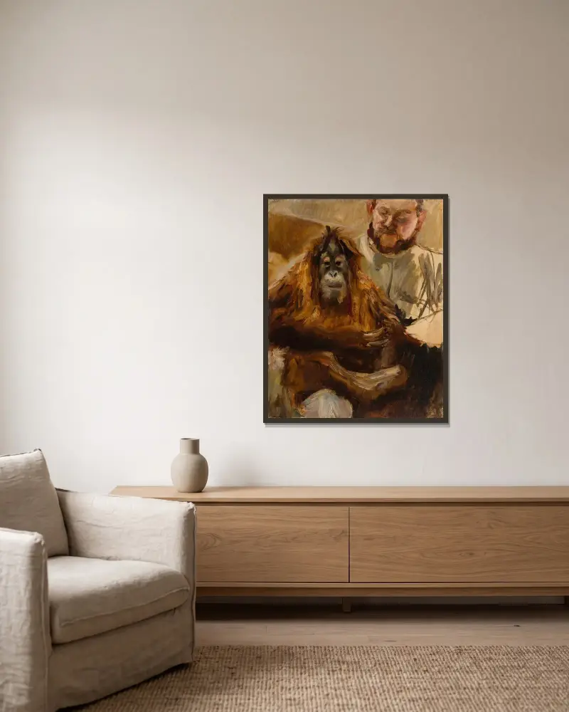 Orang-Utan ‘Seemann’ with his keeper av Max Slevogt inramad på en vägg