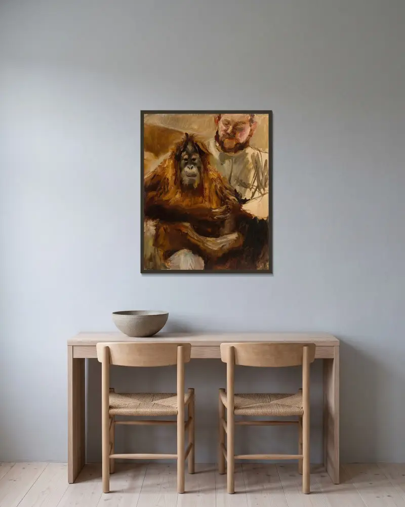 Orang-Utan ‘Seemann’ with his keeper av Max Slevogt inramad på en vägg