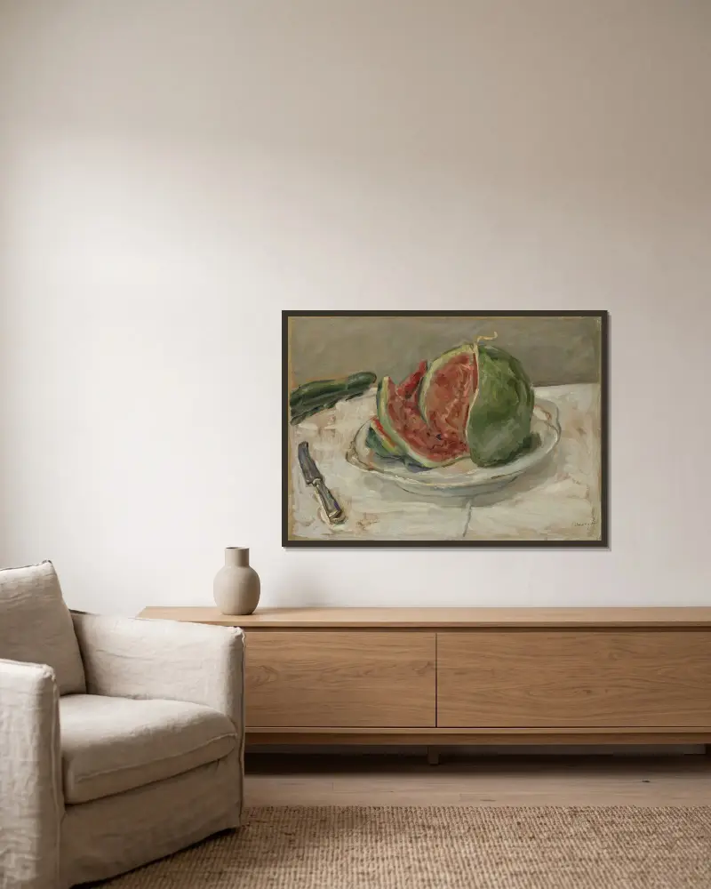 Stilleben med vattenmelon av Max Slevogt inramad på en vägg