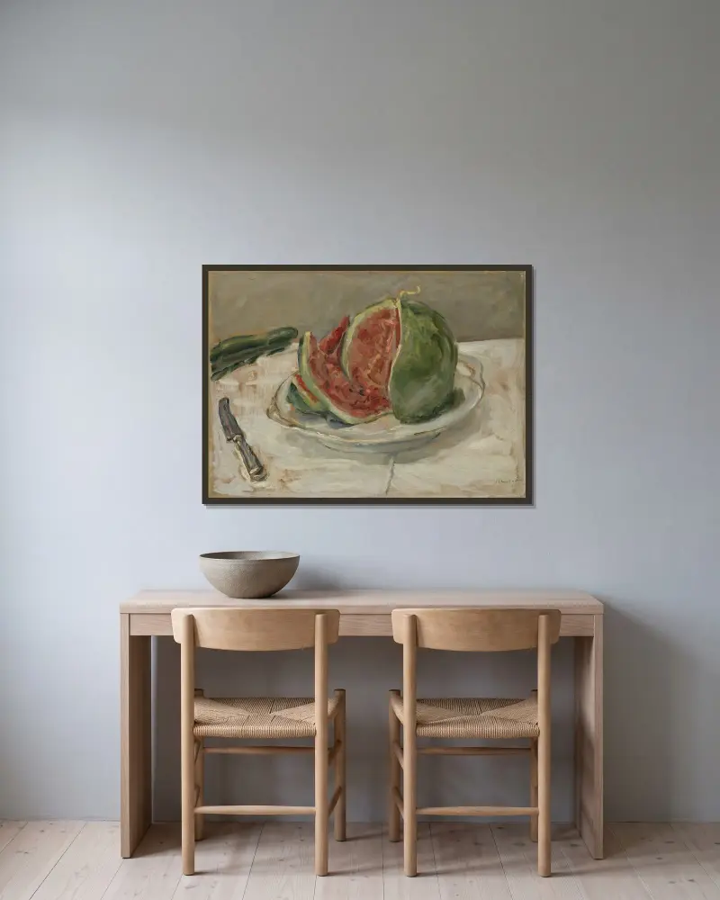 Stilleben med vattenmelon av Max Slevogt inramad på en vägg