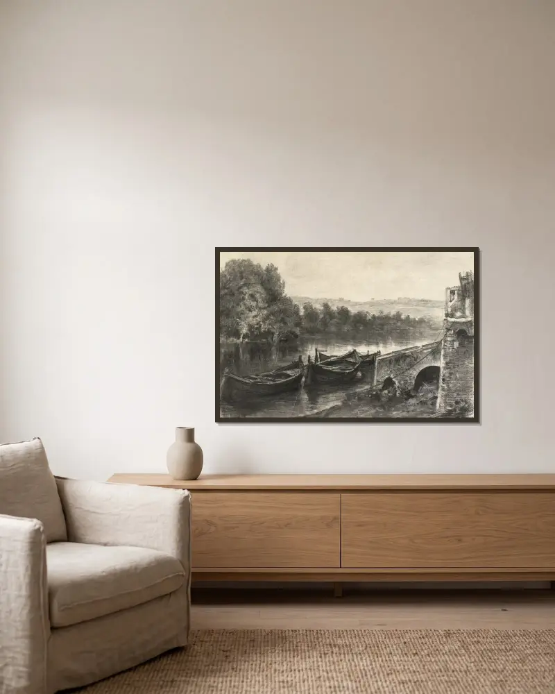 Boote an einem steinernen Flussanleger von Maxime Lalanne gerahmt an einer Wand