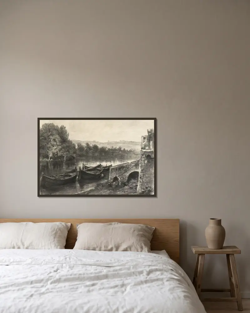 Boote an einem steinernen Flussanleger von Maxime Lalanne gerahmt an einer Wand