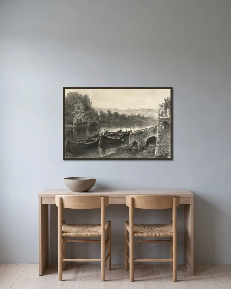 Boote an einem steinernen Flussanleger von Maxime Lalanne gerahmt an einer Wand