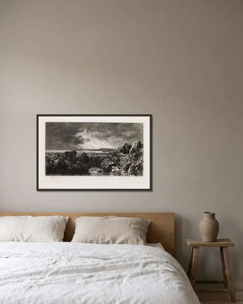 Die schwarzen Felsen bei Trouville (Niedrigwasser) von Maxime Lalanne gerahmt an einer Wand