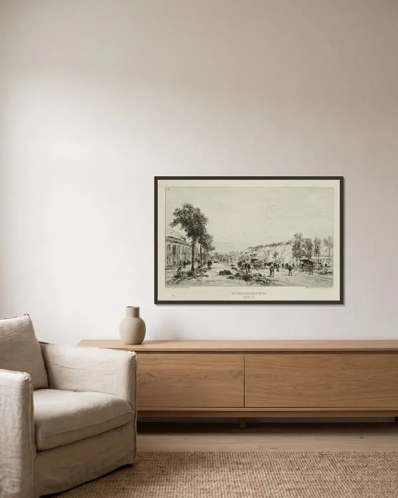 Künstlerische Erinnerungen an die Belagerung von Paris; Le Cavalie (Bastion 63) von Maxime Lalanne gerahmt an einer Wand
