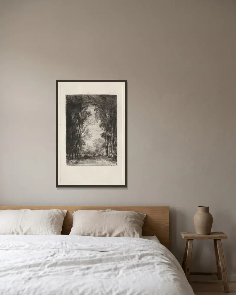 Wanderer auf einem Weg im Wald von Maxime Lalanne gerahmt an einer Wand