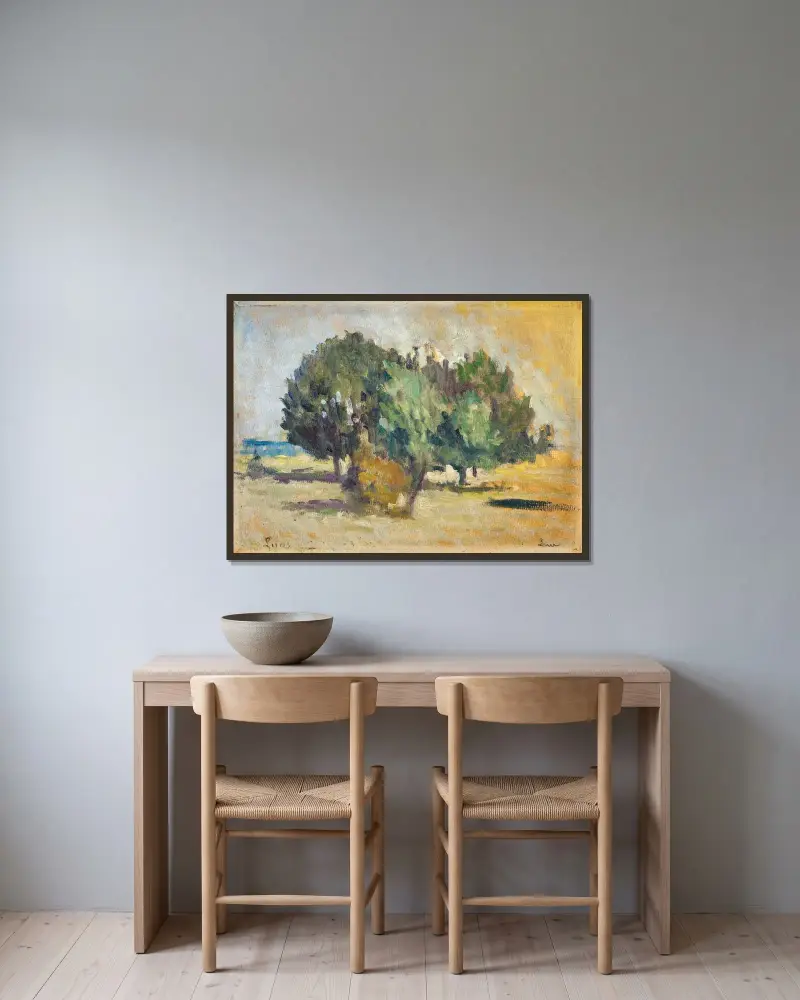 Träd i ett landskap av Maximilien Luce inramad på en vägg