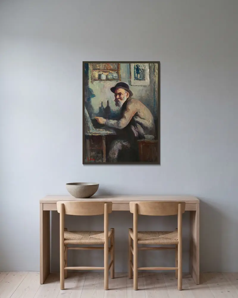 Självporträtt vid staffliet av Maximilien Luce inramad på en vägg