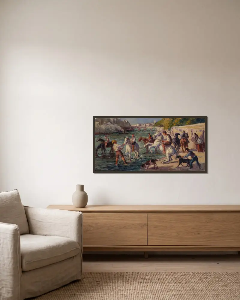 Hästar som badar i Seine av Maximilien Luce inramad på en vägg