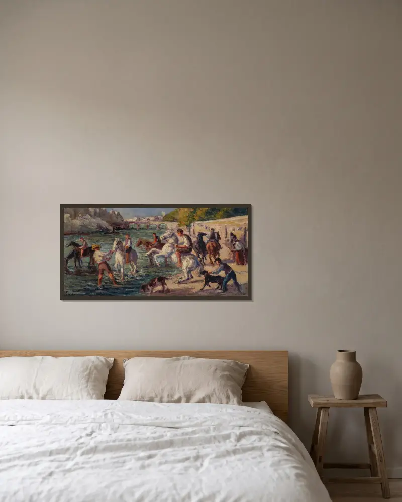 Hästar som badar i Seine av Maximilien Luce inramad på en vägg