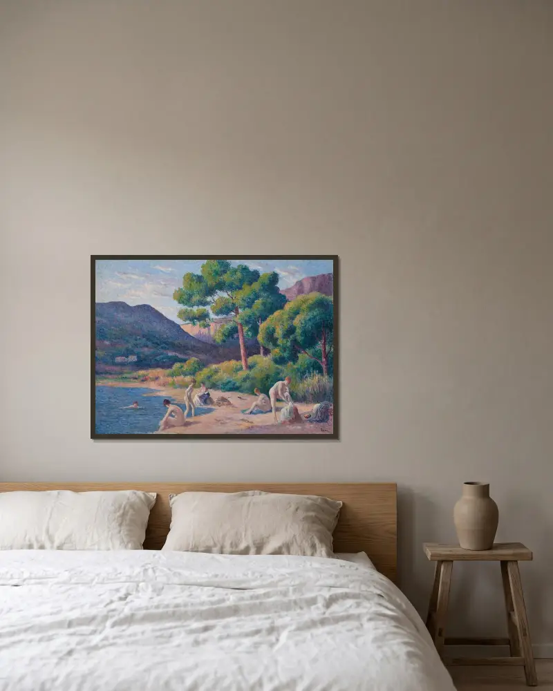 Badande i Saint-Tropez av Maximilien Luce inramad på en vägg