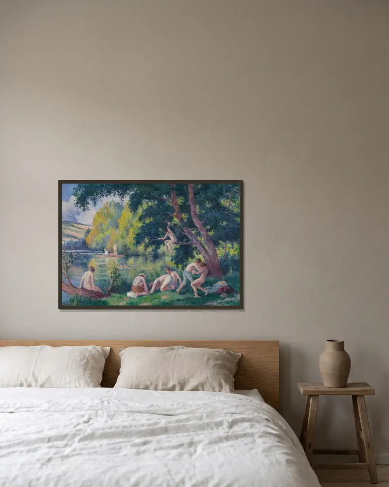 Badande av Maximilien Luce inramad på en vägg