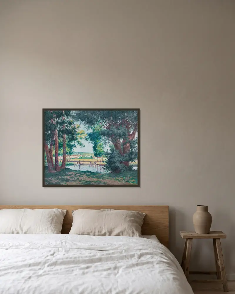 Bessy-sur-Cure, tvätterskorna vid vattnet av Maximilien Luce inramad på en vägg