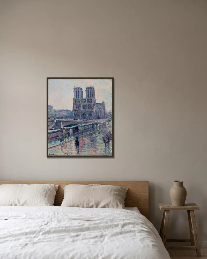 Seinens flodbanker med Notre-Dame i regn av Maximilien Luce inramad på en vägg