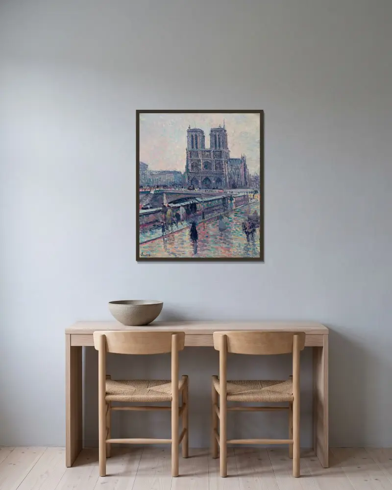 Seinens flodbanker med Notre-Dame i regn av Maximilien Luce inramad på en vägg