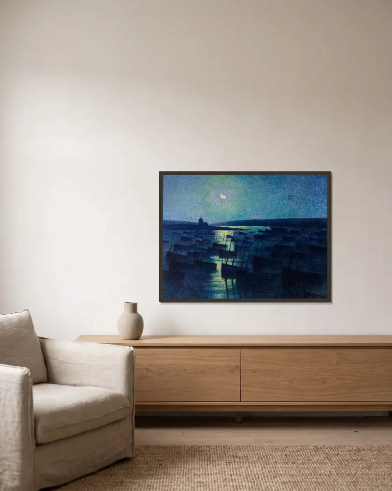 Camaret, Moonlight and Fishing Boats av Maximilien Luce inramad på en vägg