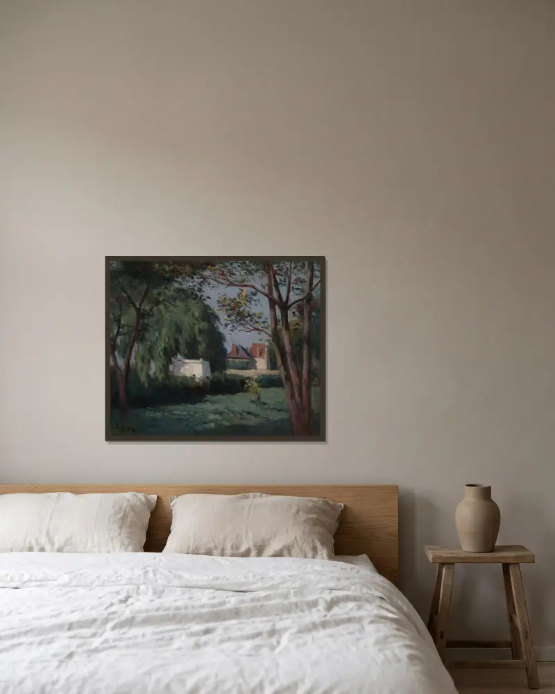Ländliche Szene mit drei Häusern und Bäumen von Maximilien Luce gerahmt an einer Wand