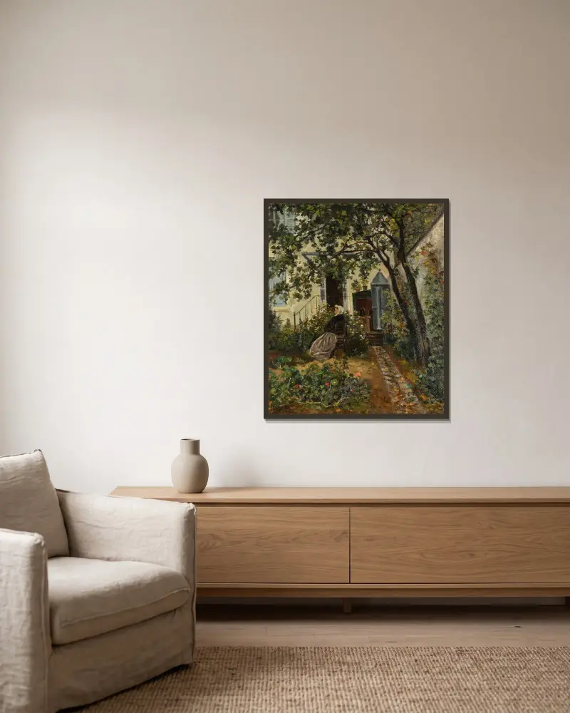 Konstnärens mor i trädgården i Montrouge av Maximilien Luce inramad på en vägg