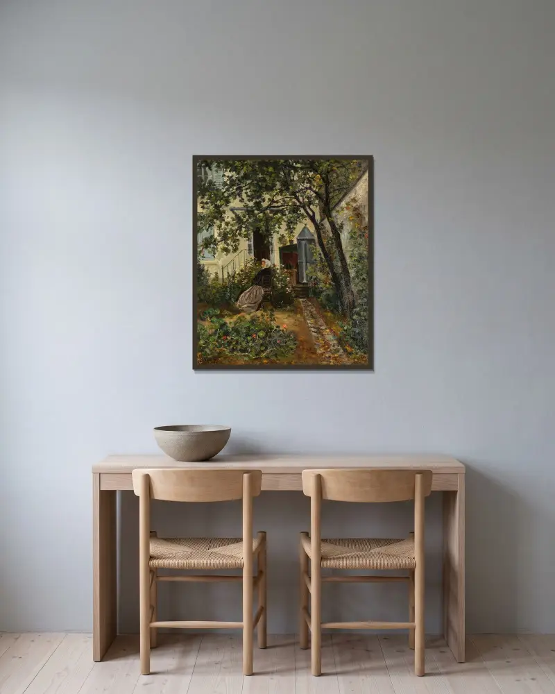 Konstnärens mor i trädgården i Montrouge av Maximilien Luce inramad på en vägg