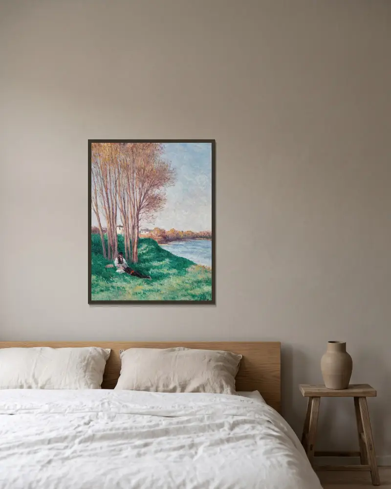 Vila vid Loires strand i Saint-Ay av Maximilien Luce inramad på en vägg