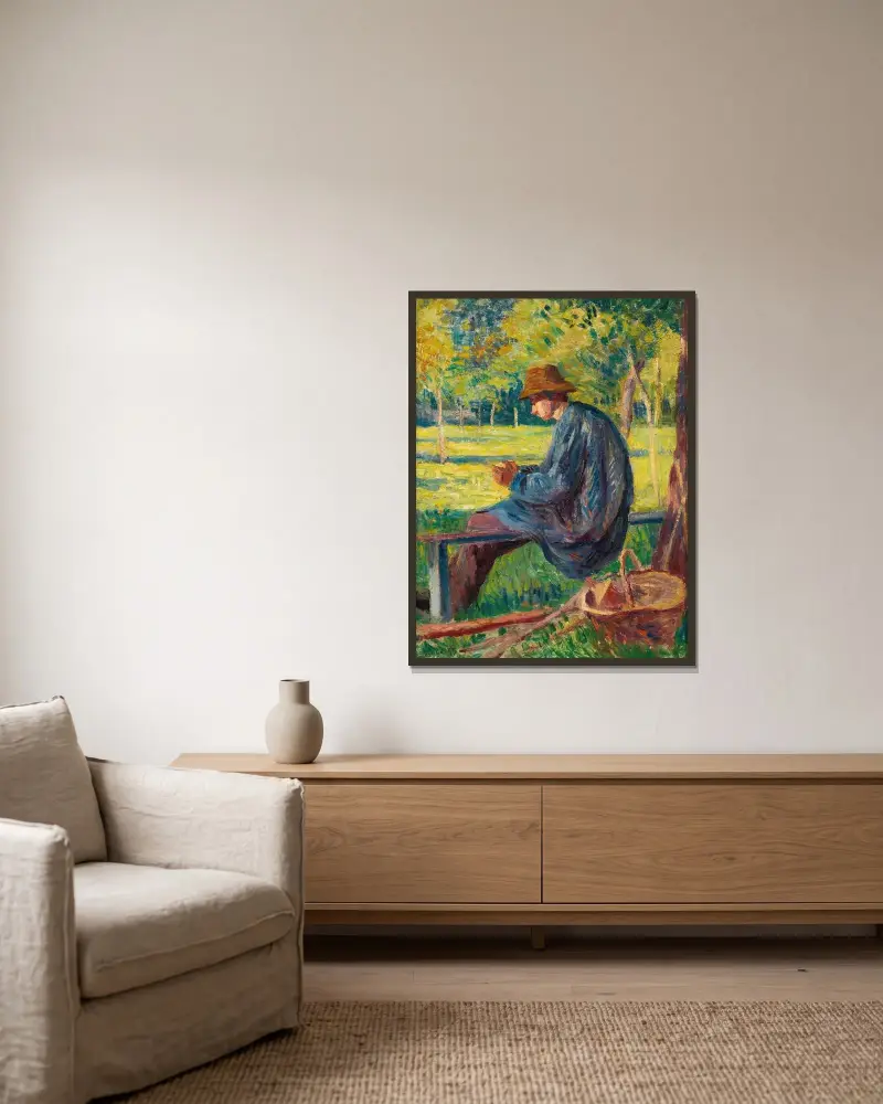 Ludovic Rodo Pissarro i sin fars trädgård i Éragny av Maximilien Luce inramad på en vägg