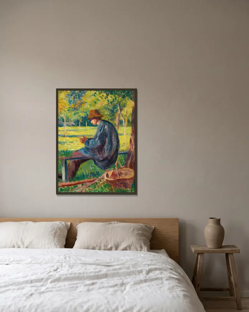 Ludovic Rodo Pissarro i sin fars trädgård i Éragny av Maximilien Luce inramad på en vägg
