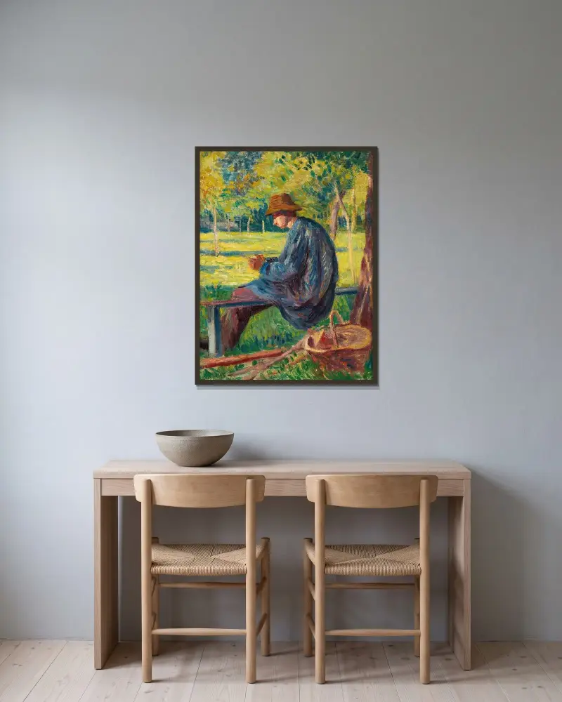 Ludovic Rodo Pissarro i sin fars trädgård i Éragny av Maximilien Luce inramad på en vägg