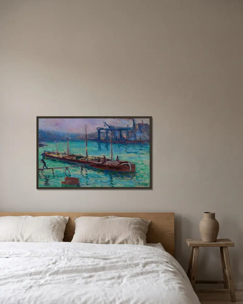 Barka na brzegu Sekwany, Maximilien Luce w ramie na ścianie