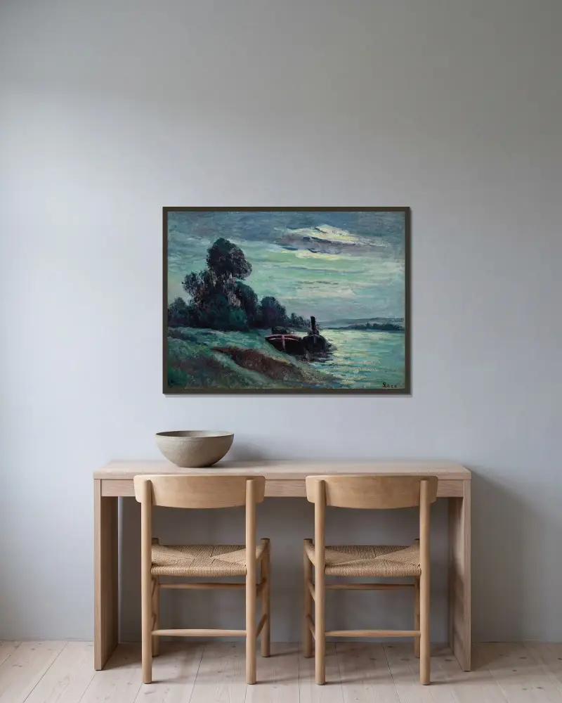 Pråmar på Seine av Maximilien Luce inramad på en vägg