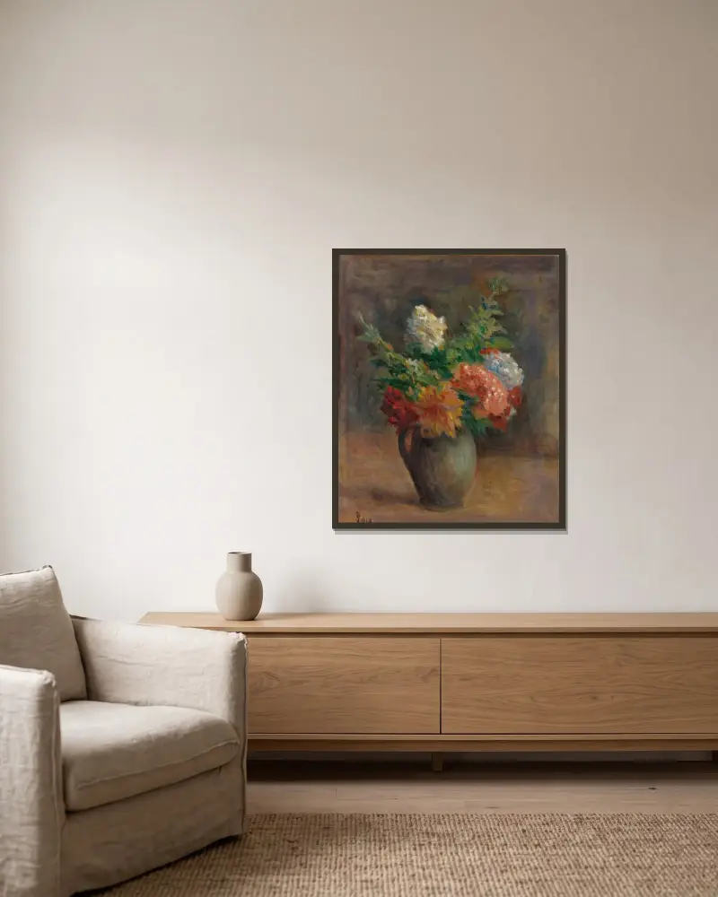 Pioner, pelargoner och vit syren av Maximilien Luce inramad på en vägg