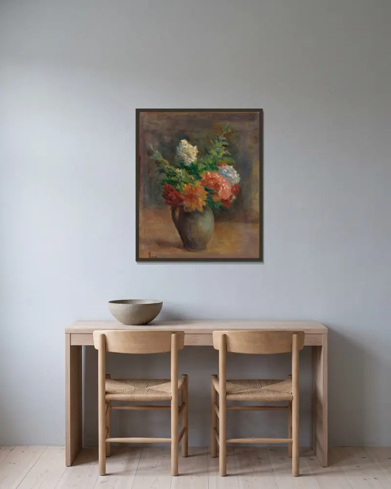 Pioner, pelargoner och vit syren av Maximilien Luce inramad på en vägg