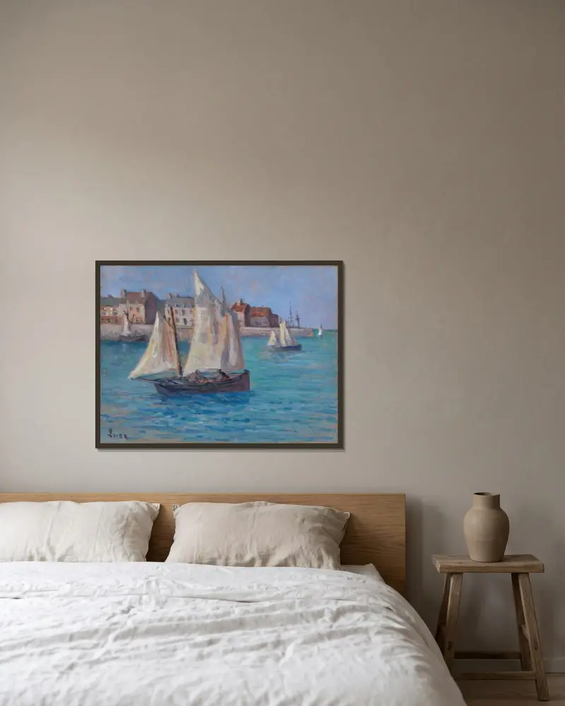 Hamnen i Dieppe av Maximilien Luce inramad på en vägg