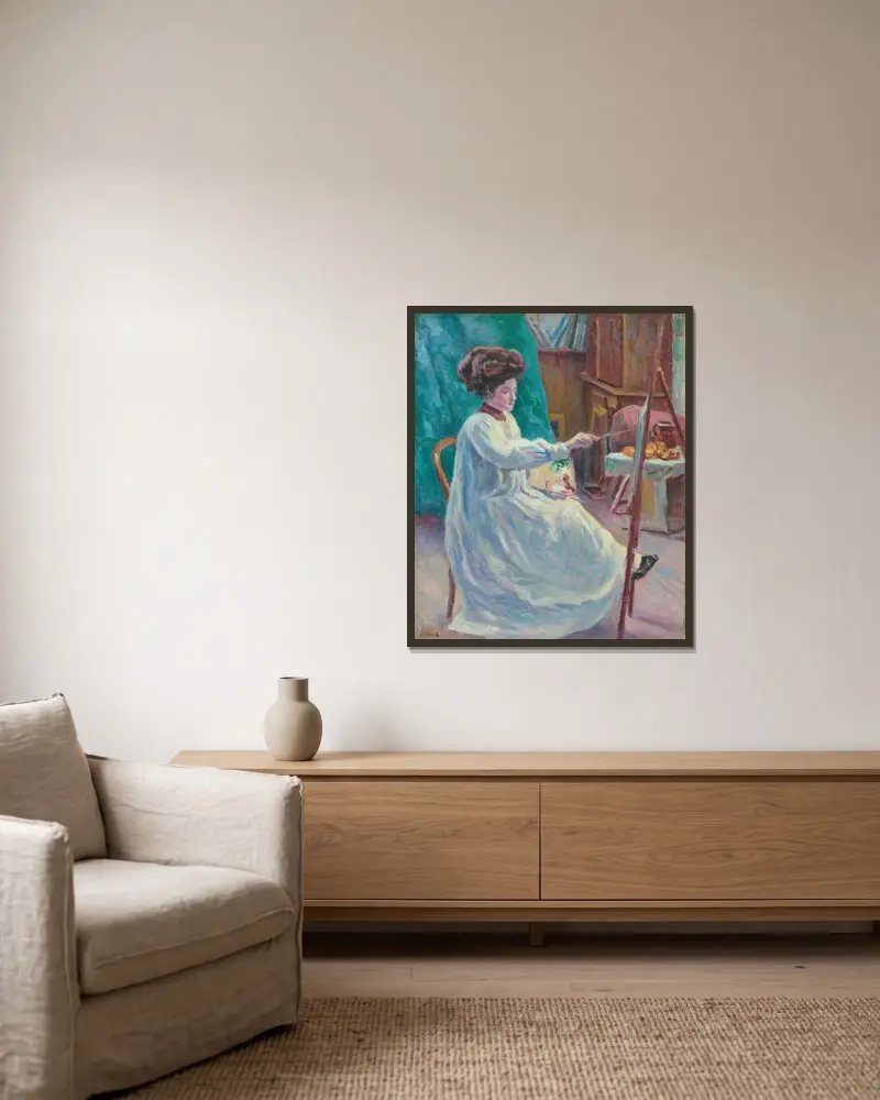 Porträtt av Madame Jourdan i sin ateljé av Maximilien Luce inramad på en vägg