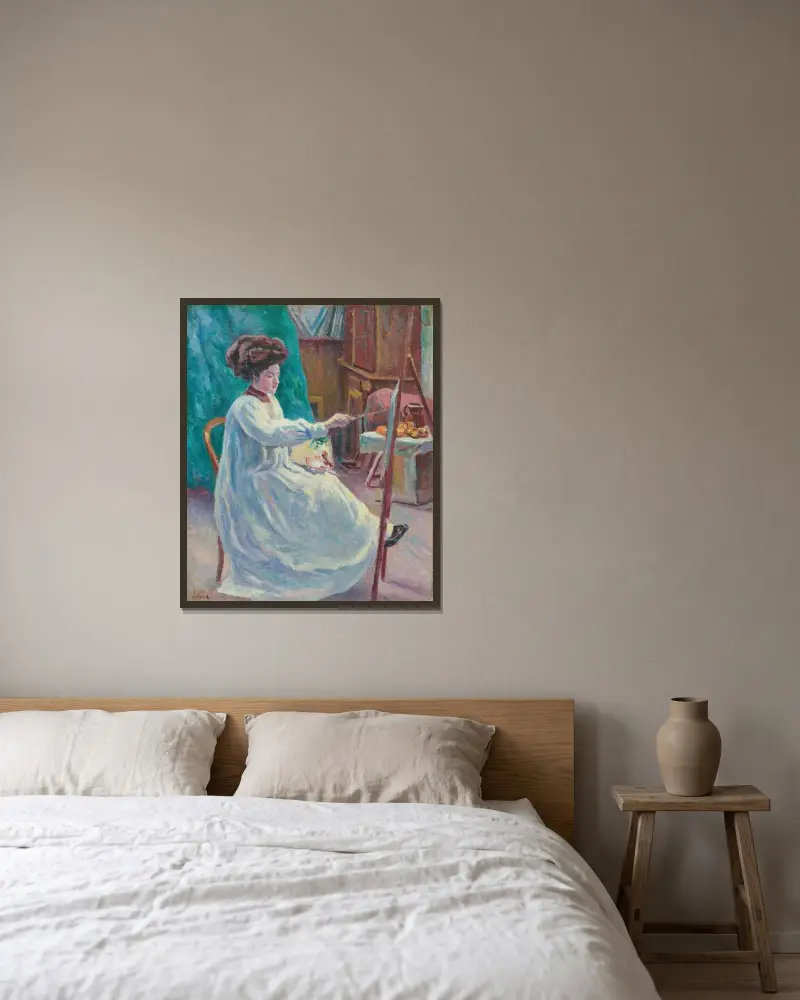 Porträtt av Madame Jourdan i sin ateljé av Maximilien Luce inramad på en vägg