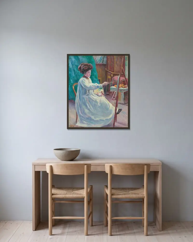 Porträtt av Madame Jourdan i sin ateljé av Maximilien Luce inramad på en vägg