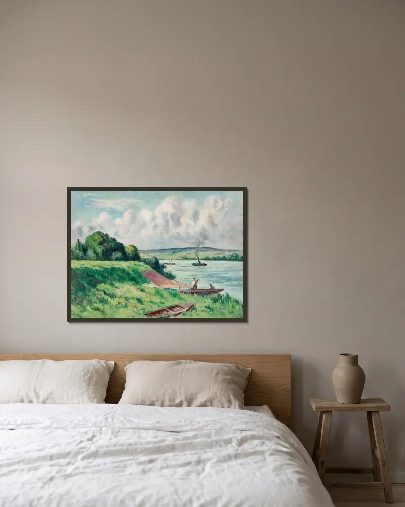 Rolleboise, båtar och bogserbåt på floden av Maximilien Luce inramad på en vägg